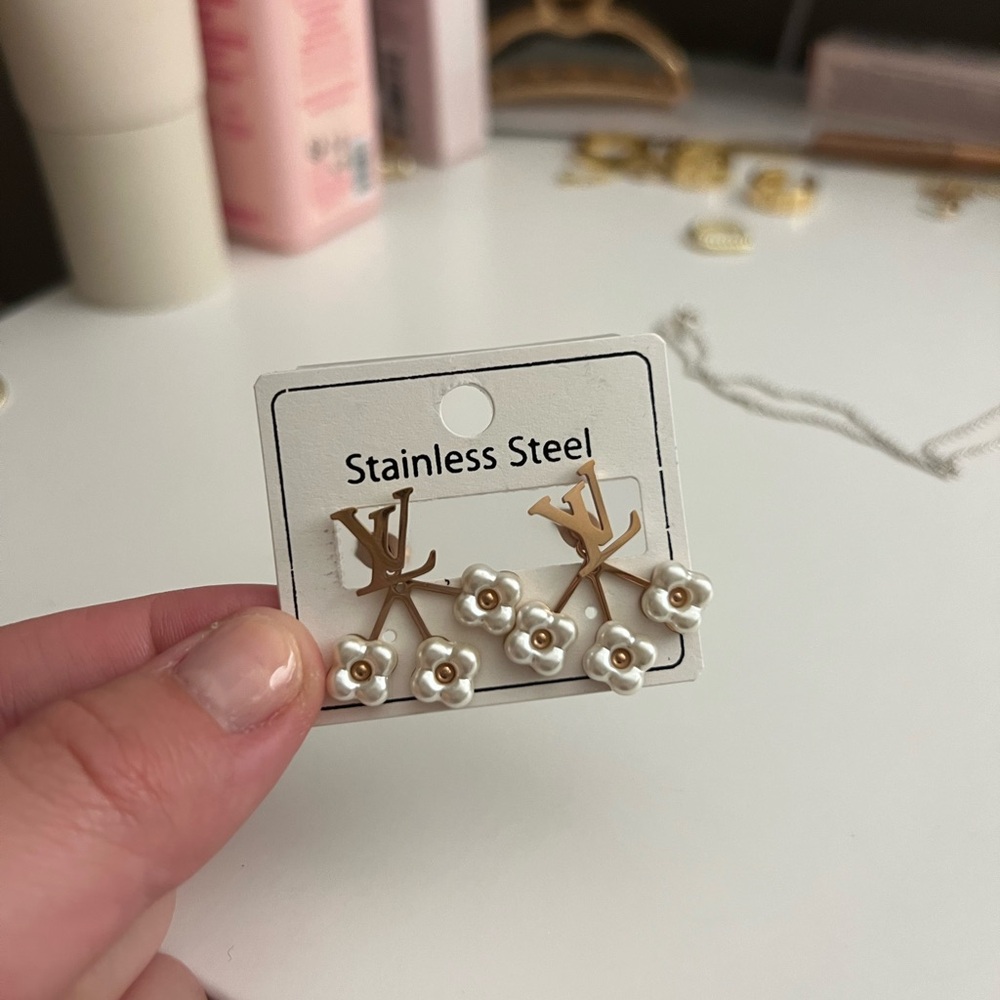 Louis Vuitton Gold and White Floral Earrings